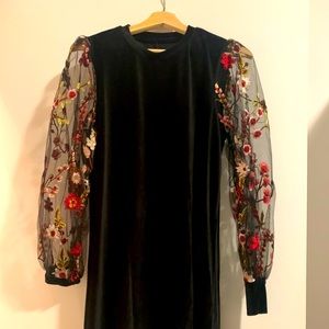Velvet Black Midi Dress with Embroidered Sleeves